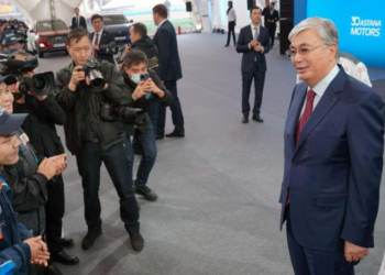 Kazakh President Kassym-Jomart Tokayev at the new car plant in Almaty