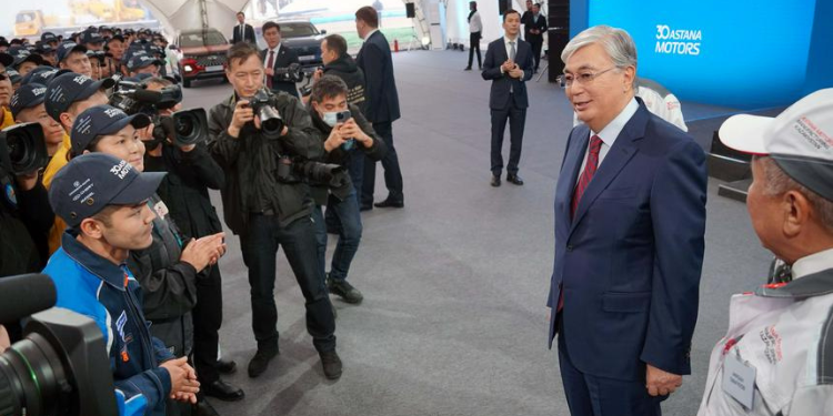Kazakh President Kassym-Jomart Tokayev at the new car plant in Almaty