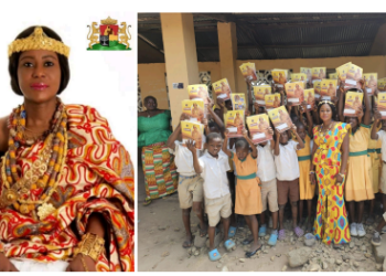 [Her Majesty Queen Adziwonor III official photo and the Queen distributing school supplies to children in the Gbi Traditional Lands.]